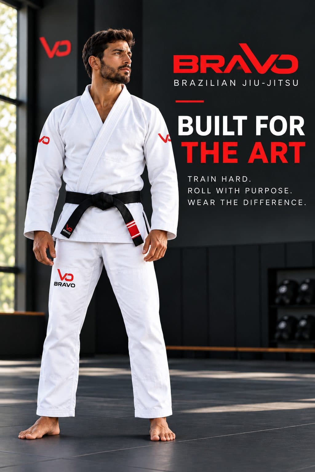 Athlete in a white Bravo BJJ gi and black belt standing on the mats
