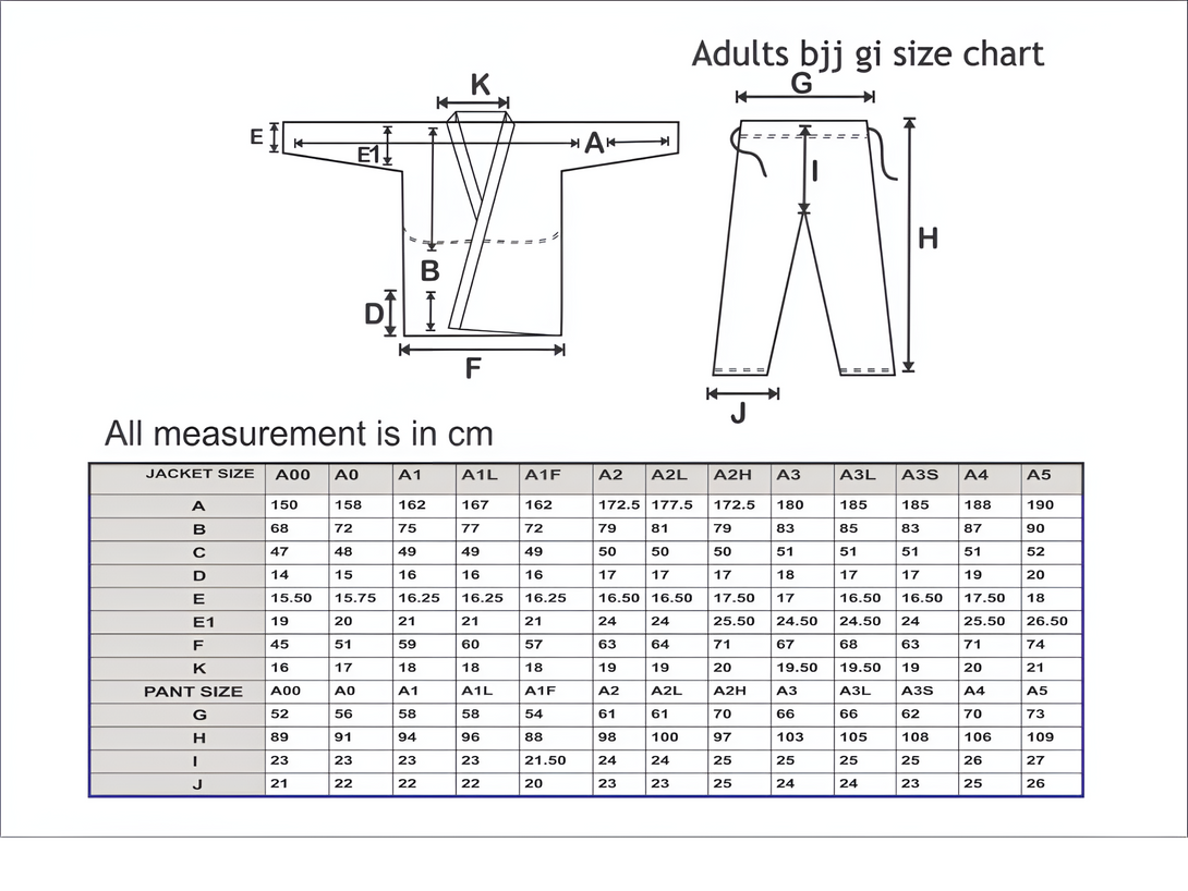 Adult bjj gi size chart