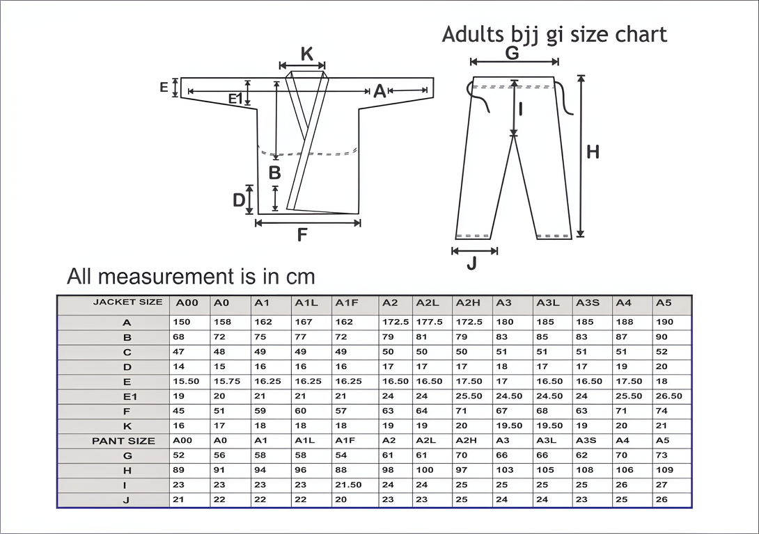 Bjj gi adult size chart